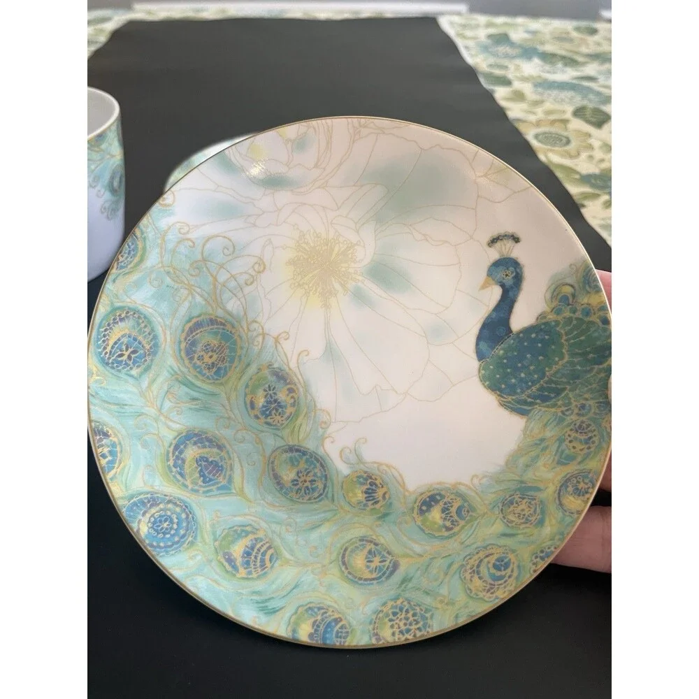 Lakshmi Turquoise Teal Gold Peacock Feathers Bowls Plates  222 Fifth 4pc